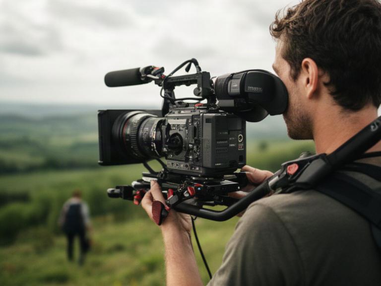 Fotocamera cinema compatta su spalla durante una ripresa documentaristica all'aperto