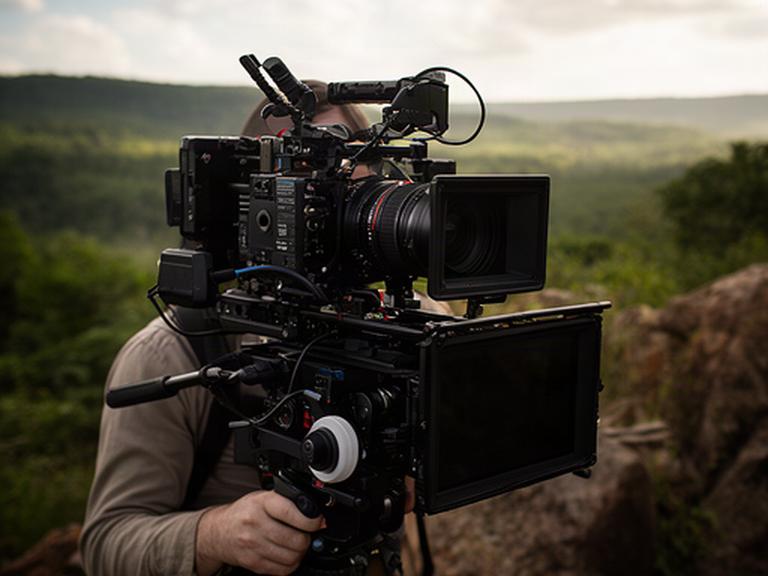 Camera professionale con rig essenziale usata per un documentario in ambiente naturale