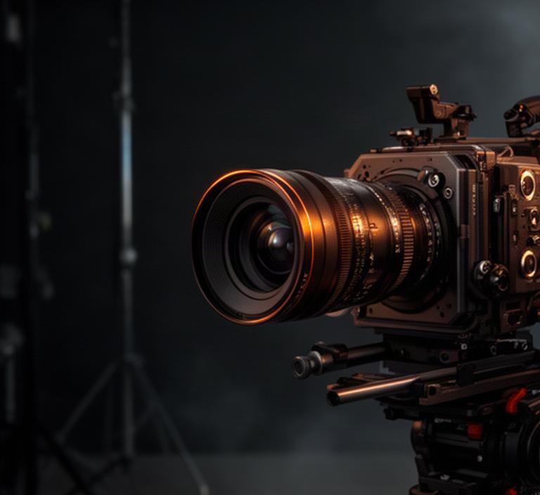 Obiettivo cine montato su una camera professionale in un set cinematografico scuro